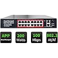 Poe Switch, 16 Port PoE+ Switch, Cloud Managed 10/100Mbps Ethernet Switch, 16 Poe Ports @200W, 2 Gigabit Uplink Ports, 1*SFP Slot, APP Smart Managed, Overload Protection w/ Port, Plug and Play