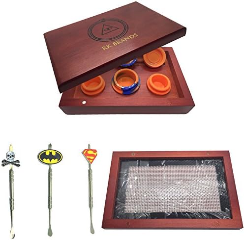 RK Brands(TM) Dab Organizer. Illuminati Wood Chest, Custom Stainless Steel Carving Scraping Tools for Shatter,3-Pc Silicone Wax Concentrate Containers,1-Pc Non-Stick Silicone Mat (SkullDab)