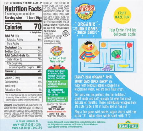 EARTH’S BEST ORGANIC SUNNY DAYS SNACK BARS FOR TODDLERS 2 YEARS OLD AND UP, APPLE FLAVORED WITH OTHER NATURAL FLAVORS, 7 CT