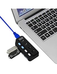 Hub de 4 puertos USB 3.0 Hub Super Speed ??Puertos USB Divisor 3.0 con interruptores de alimentación individuales   Indicador LED   Adaptador de alimentación de 5V 2A   Cable de datos de 1.7 pies para computadora de computadora portátil