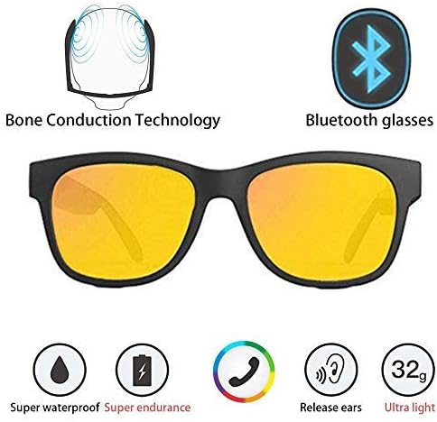 Bone Conduction Sunglasses 4.1 Wireless Bluetooth Stereo Headphones Polarized Sunglasses Accepted Compatible with Smart Phone iPhone HTC LG Samsung Android Windows (Yellow)