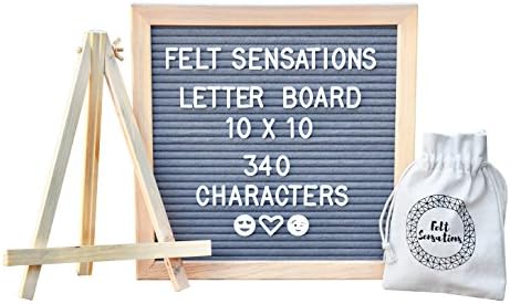 Felt Letter Board Gray 10X10 Inches, BONUS Pinewood Easel, Felt Sensations, 340 Changeable White Plastic Letters, Characters & Symbols, Premium Vintage Oak Frame, Drawstring Canvas Storage Bag