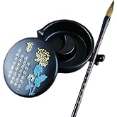 Multifunctional Chinese Calligraphy Handmade Porcelain Ink Well Dish Ceramic Inkslab Inkstone with Brush Holder for Beginners Paintings Writings Drawing Practice Art Supplies(Chrysanthemum)