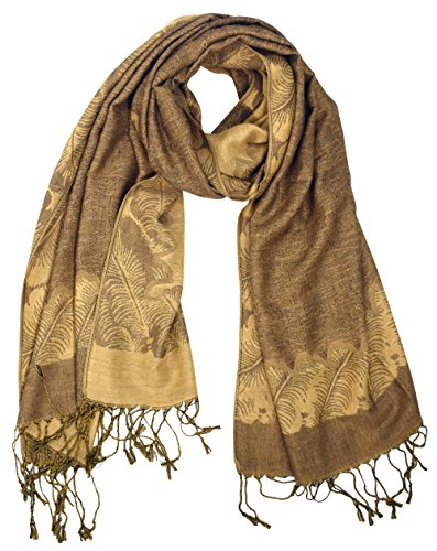 Peach Couture Women's Ravishing Reversible Jacquard Paisley Shawl Wrap Pashmina Khaki Gold