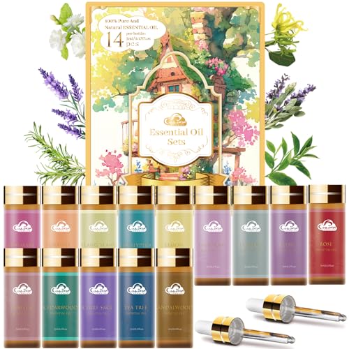 Fragrance Essential Oils Set - 14pcs, Aromatherapy Oils for Skin, Diffusers, Home Care, Humidifier Laundry, Candle Making - Tea Tree, Sandalwood, Lavender, Vanilla, Eucalyptus and More (5mL)