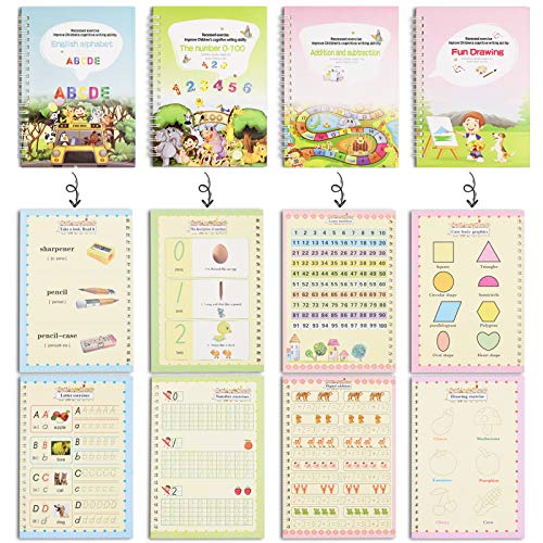 English Magic Practice Copybook for Kids, 4 Pieces Reusable Writing Practice Book Set, Magic Calligraphy Tracing Copybook, for Kid Learning Alphabet, Number, Mathematics, Drawing (Contains Pen)