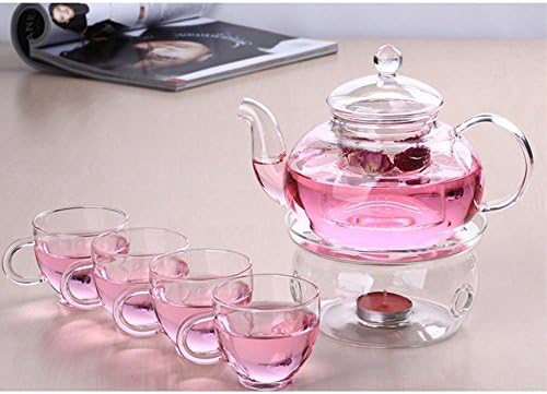 TOUGH GIRL 600ml Teapot Set High Heat Resistant Borosilicate Glass Teapot Cups Warmer Set Glass Filtering Tea Maker For Home Kitchen Room (4 Cups+Round Warmer)