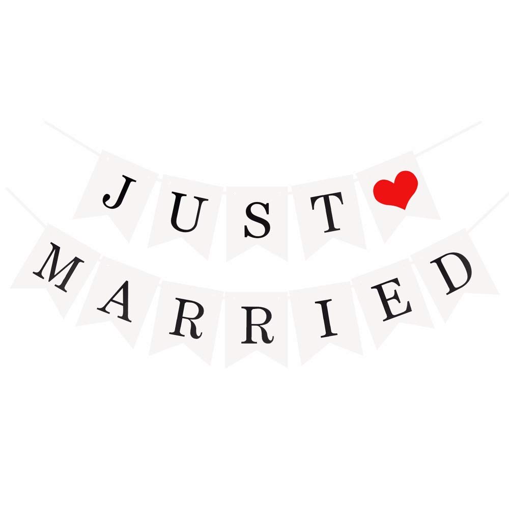 JZK Just Married wedding Bunting Banner white Flags with Ribbon, Wedding Feast Decor, Wedding car decoration, Wedding Photography Photo Booth prop, bridal shower hen night party decorations