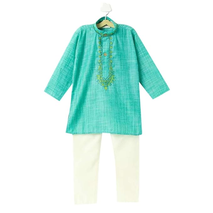 Bownbee By Hopscotch Boys Cotton Blend Sea Embroidered Kurta Pajama Set In Green Color
