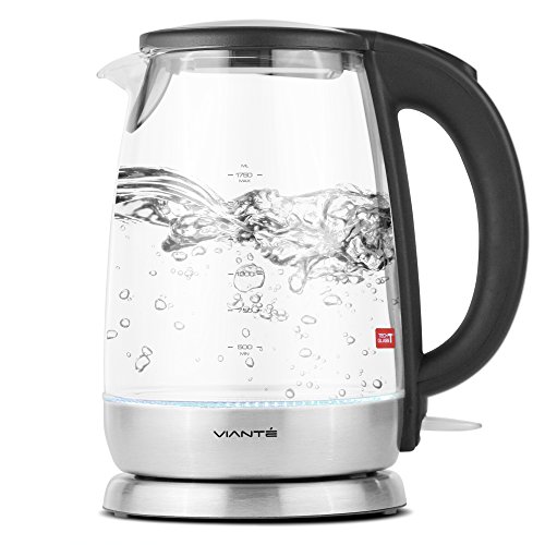 Viante KET-10 Electric Glass Fast Boiling Water Kettle. BPA Free â€“ Temp Tech Glass Body. 1.7 Liter Capacity. Stainless Steel Finish. Cordless. Ideal for Tea, Pour Over Coffee, Hot Chocolate & More