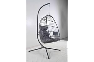 SONGMICS Hanging Egg Chair with Stand, Foldable Removable Basket, Height-Adjustable Swing Chair, Pocket, Cushion, Indoor, Out