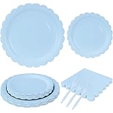 MUNILAIL 96 Pcs Light Blue Plates and Napkins Party Supplies Serve 24 Guests Including Blue Scalloped Paper Plates and Napkins Plastic Forks for Baby Shower Birthday Party Disposable Dinnerware Set