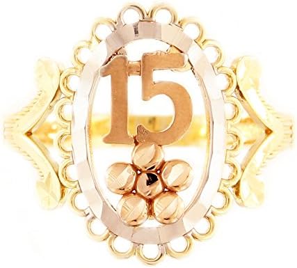 14K Yellow Quinceanera Ring Oval Textured 15 Design with Flower Tri color