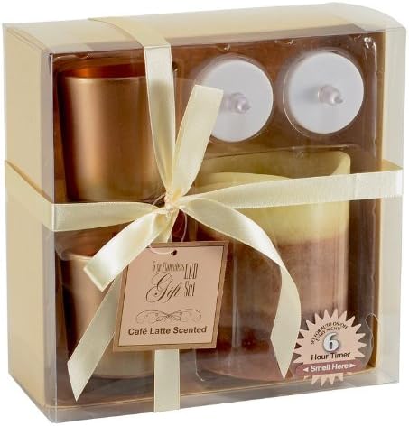 5 Piece Brown Flameless LED Gift Set Latte Scent 4" Pillar &amp; 2 Votives &amp; Tealights NEW