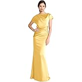 Homuguz Satin Mother of The Bride Dress for Wedding Long Mermaid Ruched Cap Sleeve Cowl Neck Formal Wedding Guest Dresses