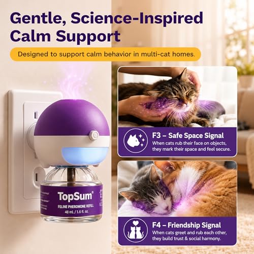 TopSum Cat Calming Pheromone Diffuser: Feline Pheromones Plug in for Stress, Alone At Home, Spraying, Fighting, Scratching, Aggression & Excessive Meowing (3 Diffusers + 3 Refills)