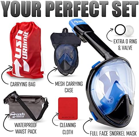 Full Face Snorkel Mask 180° Panoramic View For Adults And Kids. Perfect Vacation Snorkeling Set With XL Snorkel For Easy Breath. Anti Fog And Anti Leak Design And Larger Viewing Area. Coral Blue L/XL