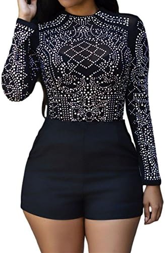 MAYFASEY Women's Studded Sheer Mesh Shirts Long Sleeve Crop Tops Blouse
