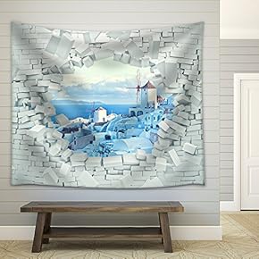 Breaking 3D Wall and Santorini Landscape - Fabric Wall Tapestry Home Decor - 51x60 inches