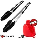 Silicone Kitchen BBQ Grill Tongs SET by KUM&KUM 9 inch &12 inch in Black STAINLESS STEEL + BONUS Oven Mitt Red Cooking Utensil Set