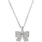 Navirix Silver Bow Necklace for Women,Bling Rhinestone Ribbon Bowknot Pendant Necklace,Statement Necklace Christmas Jewerly Gift