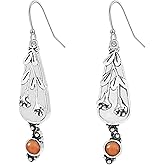 RLHRNDE Boho Handmade Earrings Delicate Carved Vintage Bohemian Antiqued Silver Vine Flower Dangle Drop Red Coral Waterdrop Statement Earrings Jewelry Gifts for Women Girls