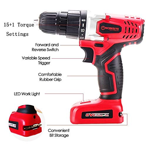 Cordless Drill, 8V Cordless Electric Drill 1300mAh Li-Ion Rechargeable 16 Position Keyless Torque Clutch, Variable Speed Switch, with Drill Holster, Annular Cutter, Screwdriver Bit Set and Tool Bag