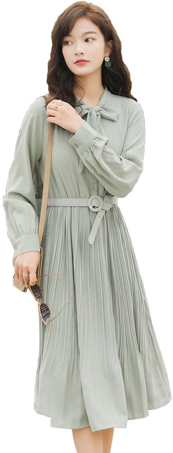 Amazon Wsoudmad ワンピース レディース ロング プリーツ 長袖 シャツワンピース ウエストゴム リボン ゆったり 体型カバー 着痩せ ふんわり おしゃれ 通勤ol 二次会 春秋 グリーン M ワンピース チュニック 通販
