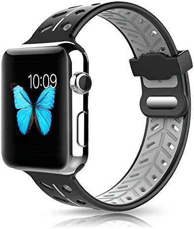 Apple Watch Band 42mm, Soft Silicone Replacement Strap Wristband with Oval Ventilation Holes Double Clasp for iWatch Series 3 Series 1 Series 2 Nike+ Edition Women Men (Black/Gray 42mm)