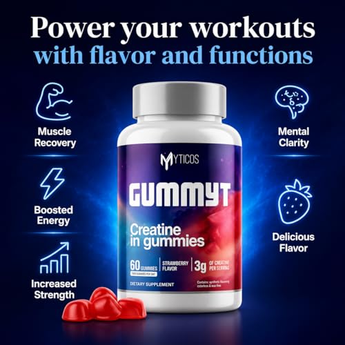 MYTICOS Gummyt Creatine Gummies 3000mg | Creatine Monohydrate | Strawberry Flavor | Sugar Free | No Powder No Mess | 60 Gummies | Muscle Recovery & Strength for Men & Women