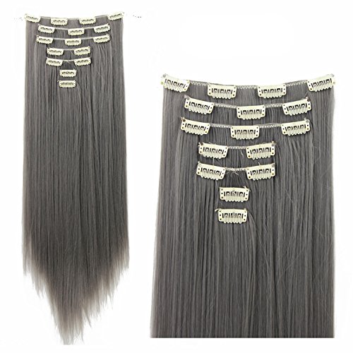 SWACC Women 22 Inches Straight Full Head 7 Separate Pieces Heat Resistance Synthetic Hair Clip in Hair Extensions (Grey)
