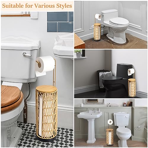 Freestanding Toilet Paper Dispenser Storage with Shelf, Standing Bathroom Toilet Paper Dispenser, Boho Rattan Toilet Paper Storage for 4 Rolls of Toilet Paper