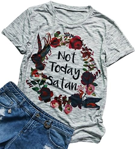LAMOSKY Womens Not Today Satan Floral Print O Neck Short Sleeve Summer T-Shirt Size XL (Gray)