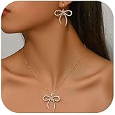 Red Yun En Gold Bow Necklace Earrings Set for Women Sparkly Rhinestone Pendant Necklace Bow Hoop Earrings Trendy Jewelry Set for Women