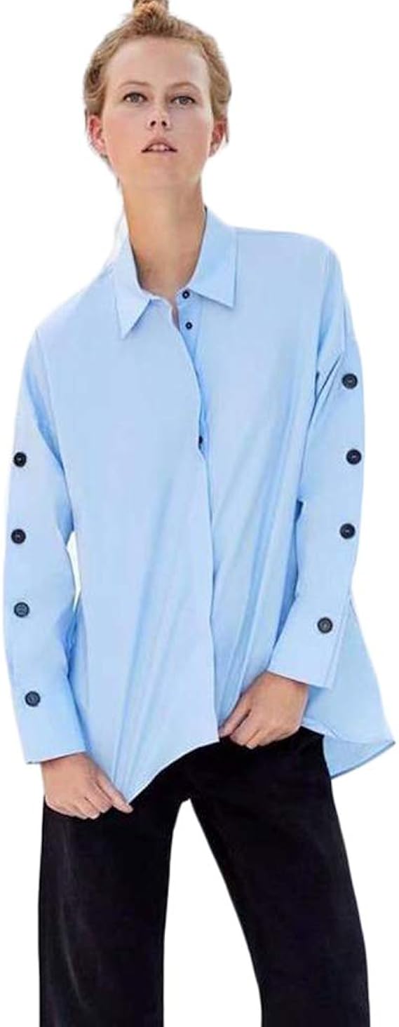 Amazon ブラウス レディース イギリス風 カジュアル ボタン 長袖 不規則 ゆったり 春 秋 中長セクション 着痩せ 妖精 ワイルド 可愛い ファッション ブルー コットン 胸ポケット無し 3サイズ 1色展開 セクシー シャツ ブラウス 通販