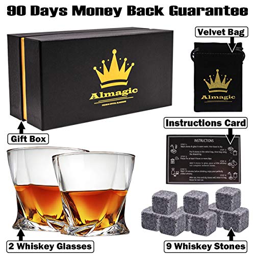 Almagic Whiskey Glass Set of 2 Lead Free Crystal Old Fashioned Glass 10oz for Scotch or Bourbon Gift Boxed (Free 9 Granite Chilling Whiskey Stones + Velvet Bag)