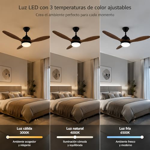 Ventilador de Techo con Luz de 107cm, 42 Inch Ceiling Fan, Color madera negro, Control de aplicaciones móviles con Control Remoto, 6 Velocidades, Luz LED de 3 Colores, 3 Cuchillas, Motor CC Reversible