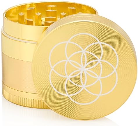 Ultra Portable Seed Of Life 1.6inch 4 Piece Tobacco Spice Herb Weed Grinder with Pollen Scraper, Zinc Alloy, Razor-sharp Teeth (Gold)