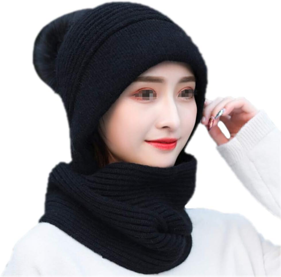 CHIRORO 2 in 1 Women Winter Hooded Scarf Warm Knitted Beanie Hat with Pompom Windproof Soft Neck Warmer for Oudoor Activities,Black
