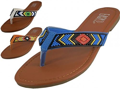 Wholesale Women's Beaded Patterns Flip Flops W3816 | Colors: White, Orange & Blue (Assorted) | Sizes: 5-10 or 6-11 |36 Pairs