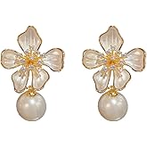Bohemian Flower Pearl Dangle Stud Earrings for Women S925 Sterling Silver Post Chic Floral Pearls Dangling Charm Drop Studs Earrings Delicate Jewelry