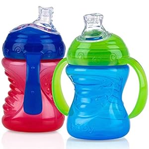 Nuby Plastic 2-Pack No-Spill Super Spout Grip N’ Sip Cup, Red and Blue