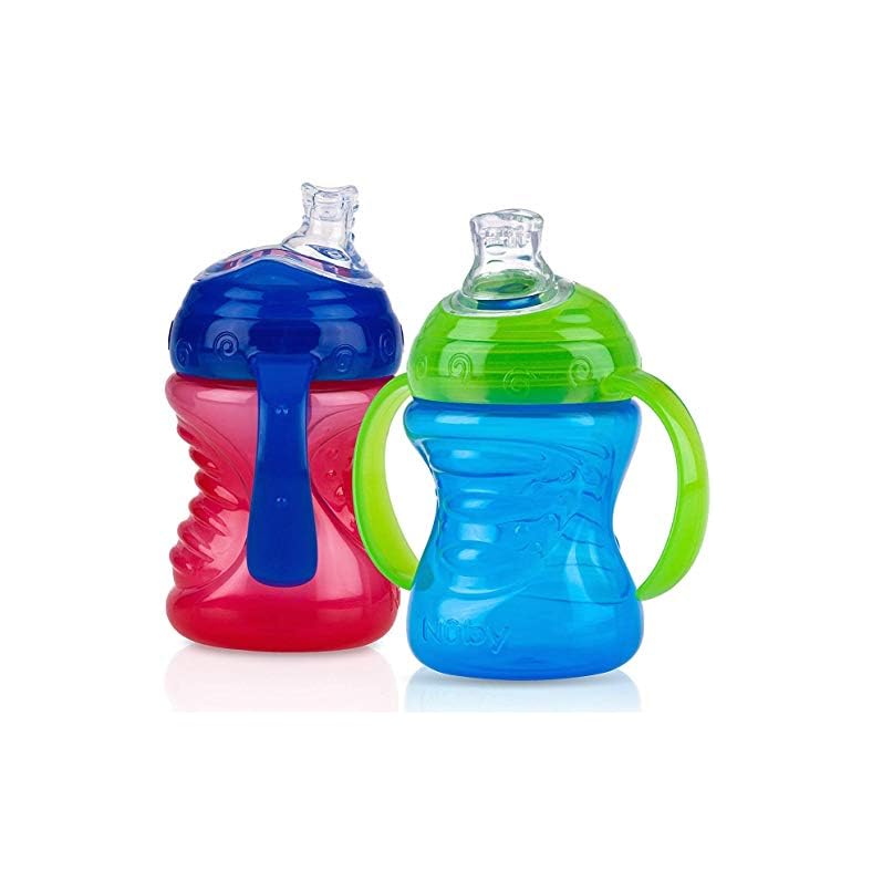 Nuby Plastic 2-Pack No-Spill Super Spout Grip N’ Sip Cup, Red and Blue