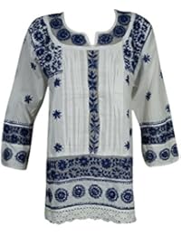 Mogul Womens Tunic Dress Cotton White Blue Chikankari Embroidered Resort Wear Blouse