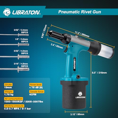 LIBRATON Pneumatic Riveter Kit, Heavy Duty Pneumatic Riveter Gu 2.4mm 3.2mm 4.0mm 4.8mm with 200c Rivet, Professional Auto Repair Tool, Suctio Design