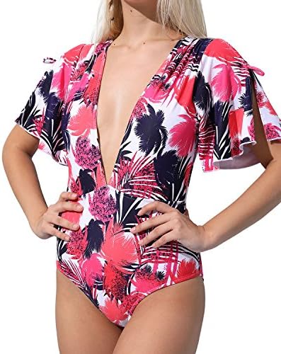 SWIMANDTAN Tropical Print One Piece Swimsuit for Women Plunge Sleeve Floral Swimwear