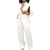 Women Jumpsuits For Elegant Sexy V Neck Long Sleeve Casual for Work Wide Leg Pants with Pockets Belt