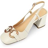 Vertundy Women's Slingback Closed Square Toe Chunky High Heels Sandals Adjustable Ankle Buckle Strap Dress Summer Pumps Ladies Block Heel White Cream