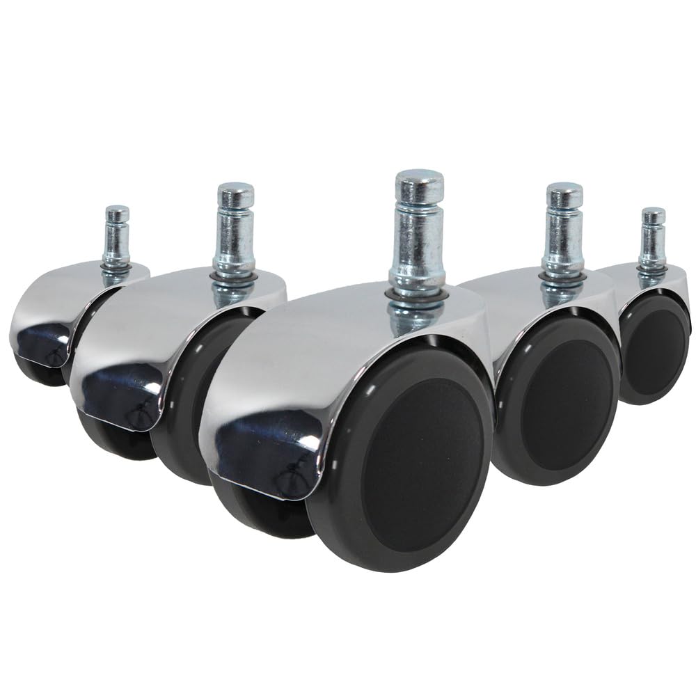 hjh OFFICE, 619016, Castors, Wheels for office, executive chairs, ROLO LUX, black/silver, , Set of 5 x special design castors for hard floors 11 mm pin, 50 mm diameter wheel e.g. parquet, laminate, tile or stone floor, braked saftey, casters