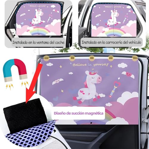 Parasol Ventana Lateral de Dibujos Animados, parasol coche nino, parasol magnético para coche, protector de sol para carro niño, cortina para auto tu hijo protección contra el so (unicornio)